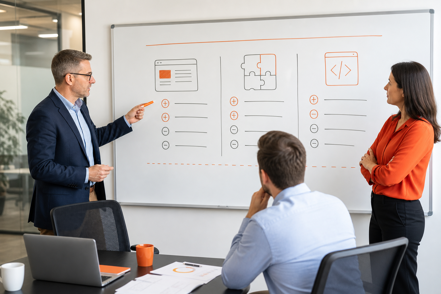 Team bespricht Standardsoftware vs. individuelle Entwicklung